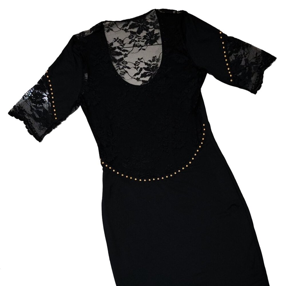 Lace & Gold Studs Embellished Women's Black Dress